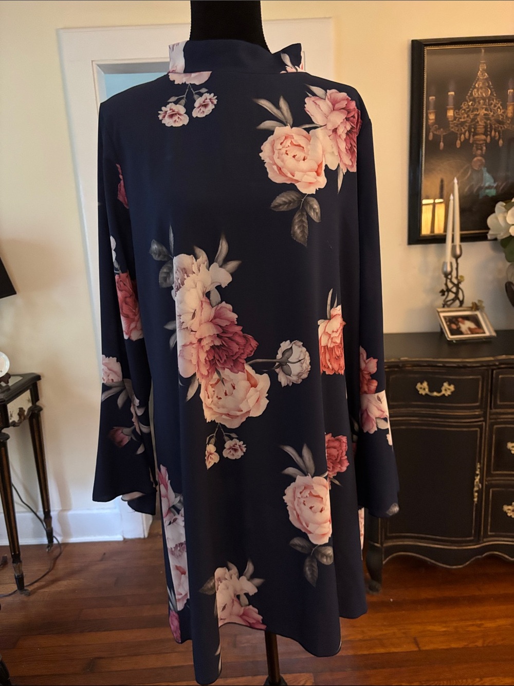 Navy Floral Long-Sleeve Swing Dress by